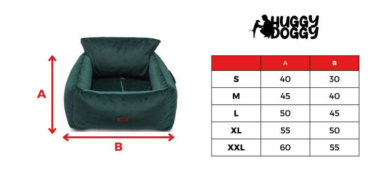 tabela rozmiarów fotelika dla psów transportera HUGGY DOGGY Snug zielony