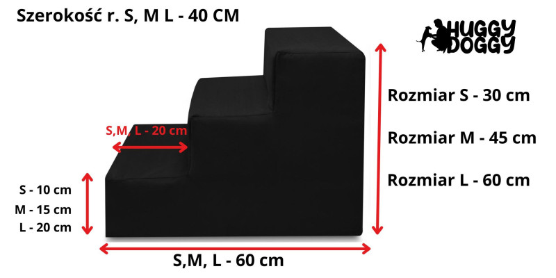 wymiary i rozmiary schodów dla psa HUGGY DOGGY Climber czarne