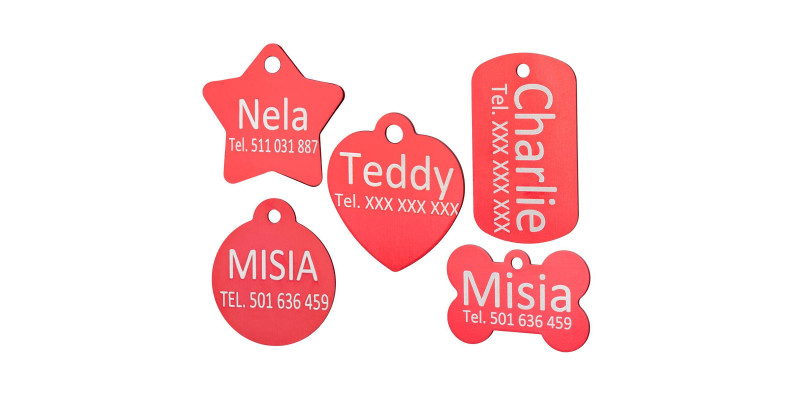 czerwone zawieszki adresówki dla psów york buldog mops szpic owczarek