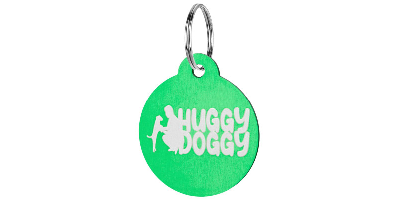 okrągła zawieszka zielona dla psa z imieniem i numerem telefonu HUGGY DOGGY