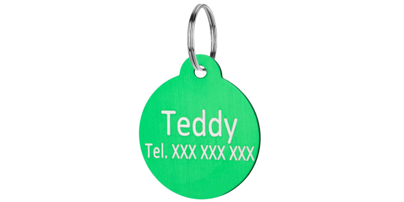 Zawieszka dla psa z grawerem okrągła koło HUGGY DOGGY zielona adresówka identyfikator