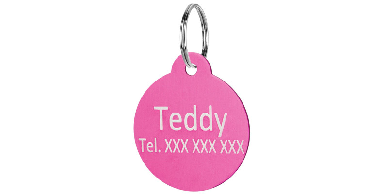 Zawieszka dla psa z grawerem okrągła koło HUGGY DOGGY różowa adresówka identyfikator