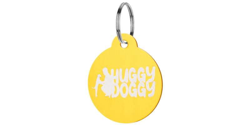 okrągła zawieszka złota dla psa z imieniem i numerem telefonu HUGGY DOGGY