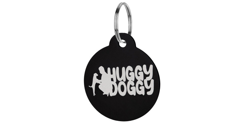okrągła zawieszka czarna dla psa z imieniem i numerem telefonu HUGGY DOGGY