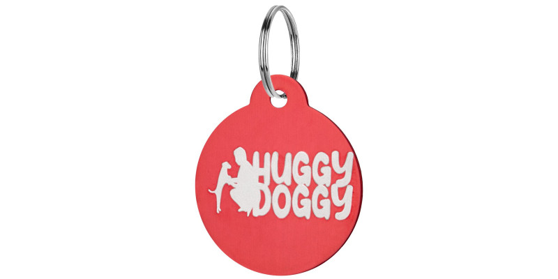 okrągła zawieszka czerwona dla psa z imieniem i numerem telefonu HUGGY DOGGY