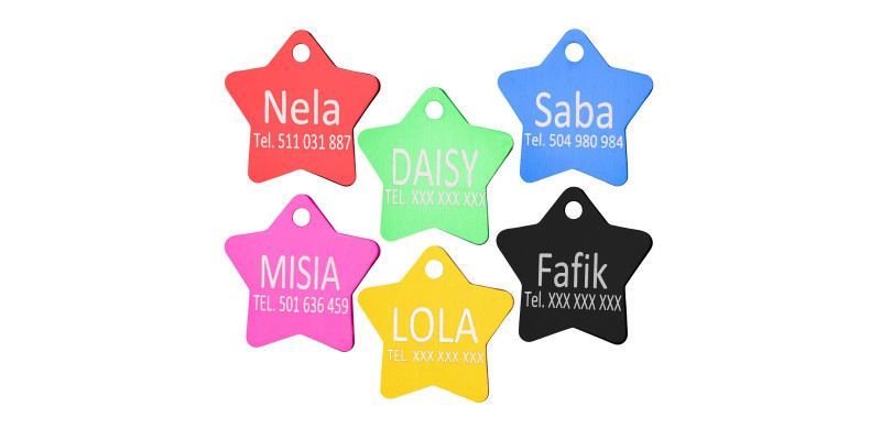 zawieszki dla psów gwiazdki wygrawerowane imienia psa i numery telefonów na adresówkach
