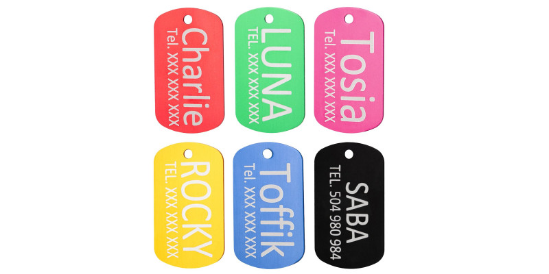 zawieszki dla psów nieśmiertelniki wygrawerowane imienia psa i numery telefonów na adresówkach