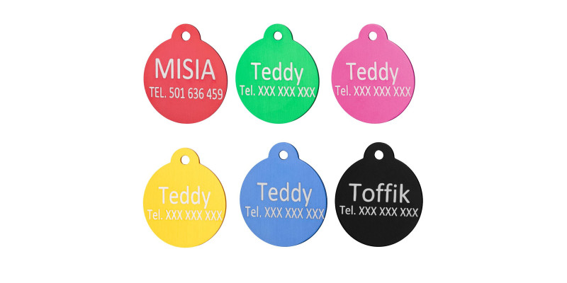 zawieszki dla psów koła wygrawerowane imienia psa i numery telefonów na identyfikatorach