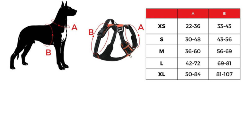 Tabela rozmiarów dla pomarańczowych szelek Walky Guard od HUGGY DOGGY dostępne rozmiary XS S M L XL