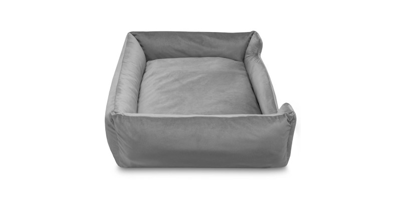 wygląd boczny legowiska dla psa szarego wykonane z miękkiego materiału welurowego z certyfikatem od HUGGY DOGGY model Haven