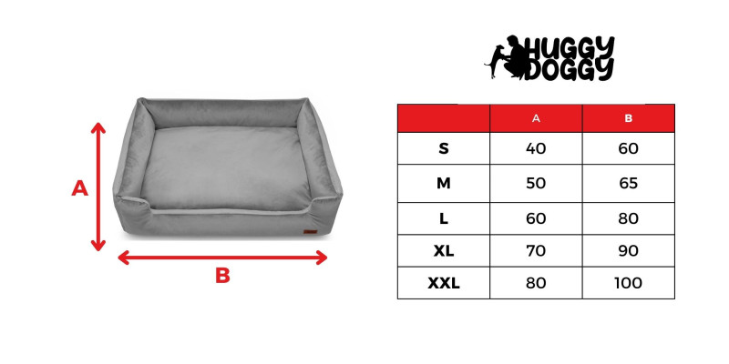 tabela rozmiarów legowisk dla psów szare welurowe producent HUGGY DOGGY model Haven Rozmiary S M L XL XXL