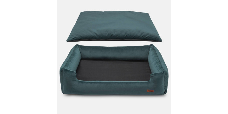 Turkusowe legowisko HUGGY DOGGY Haven, wygodne miejsce do spania dla psa buldog francuski