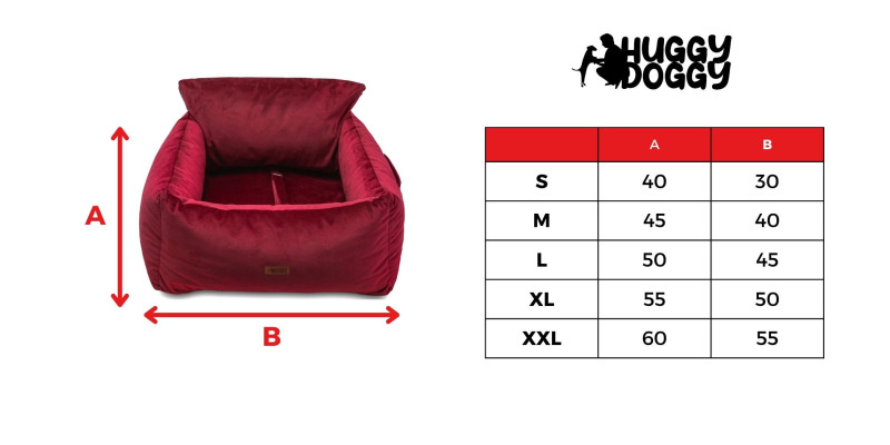 tabela rozmiarów fotelików samochodowych dla psów transporterów producenta HUGGY DOGGY model Snug kolor bordowy