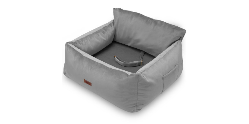 bok fotelika samochodowego dla psów transporter szary do auta marki HUGGY DOGGY model Snug