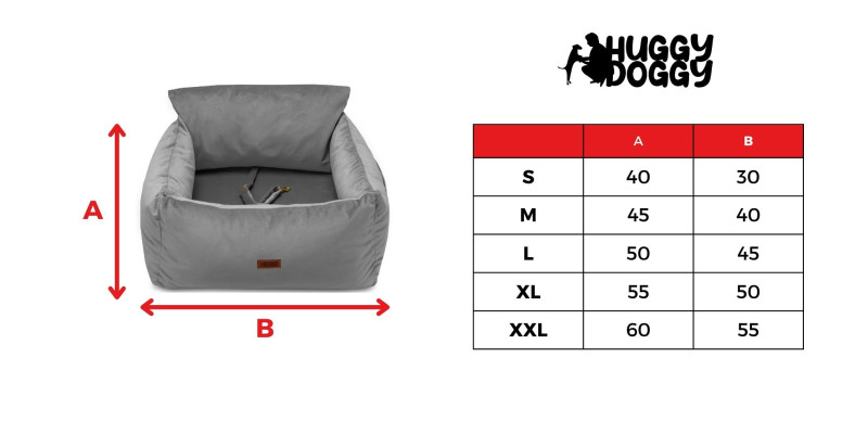 tabela rozmiarów fotelików dla psów do samochodu transportera do auta szary rozmiary S M L XL XXL od HUGGY DOGGY model Snug