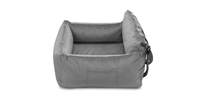 drugi bok fotelika samochodowego dla psów transporter szary do auta z kieszonką marki HUGGY DOGGY model Snug