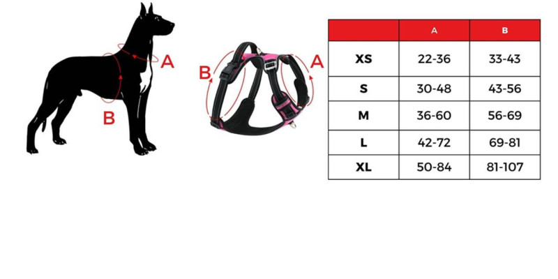 Tabela rozmiarów dla różowych szelek Walky Guard od HUGGY DOGGY rozmiary Xs S M L XL