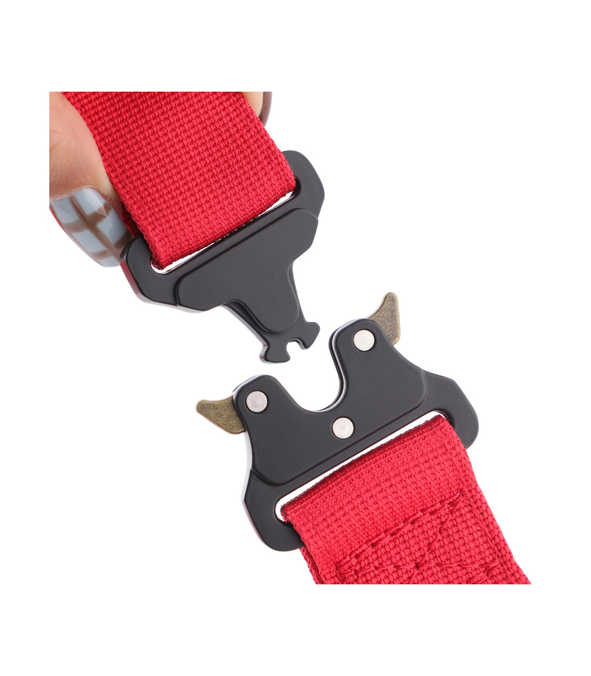 Zapięcie czerwonej szerokiej obroży Alpha