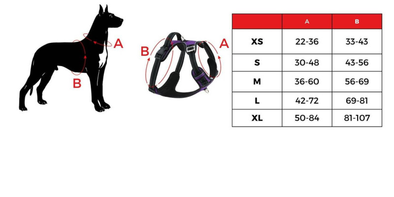 tabela rozmiarów fioletowych szelek dla psów Walky Guard od HUGGY DOGGY rozmiary XS S M L XL