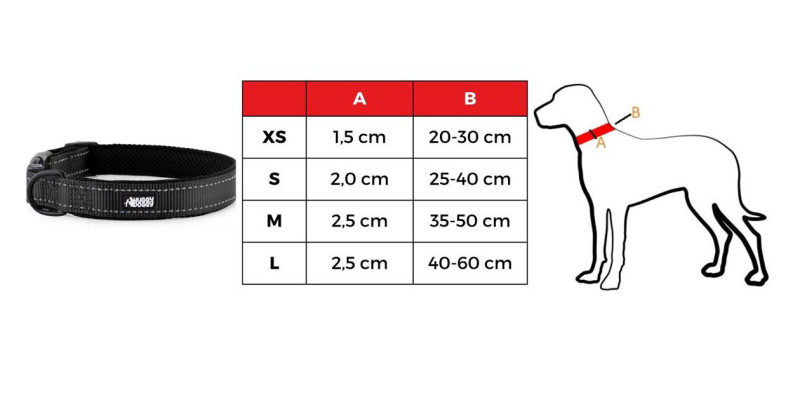 Tabela rozmiarów dla czarnej obroży dla psa model Walky od HUGGY DOGGY, obejmująca rozmiary XS, S, M, L