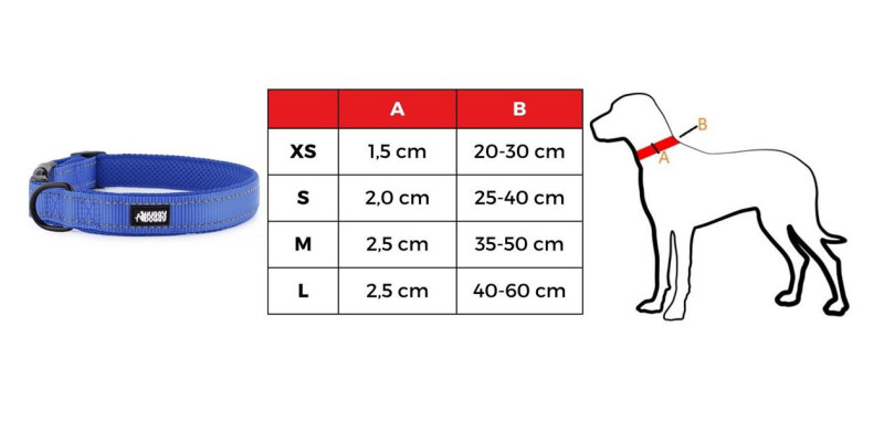 Tabela rozmiarów dla granatowej obroży Walky od HUGGY DOGGY, pokazująca opcje dla rozmiarów XS, S, M, L