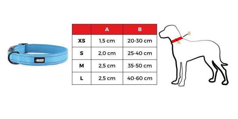 Tabela rozmiarów dla niebieskiej obroży Walky od HUGGY DOGGY, obejmująca rozmiary XS, S, M, L