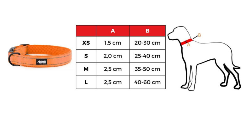 Tabela rozmiarów dla pomarańczowej obroży dla psa Walky od HUGGY DOGGY, prezentująca opcje dla rozmiarów XS, S, M, L