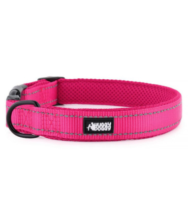 Różowa obroża Walky od HUGGY DOGGY z odblaskowymi paskami, zwiększająca bezpieczeństwo piesków podczas spacerów nocnych