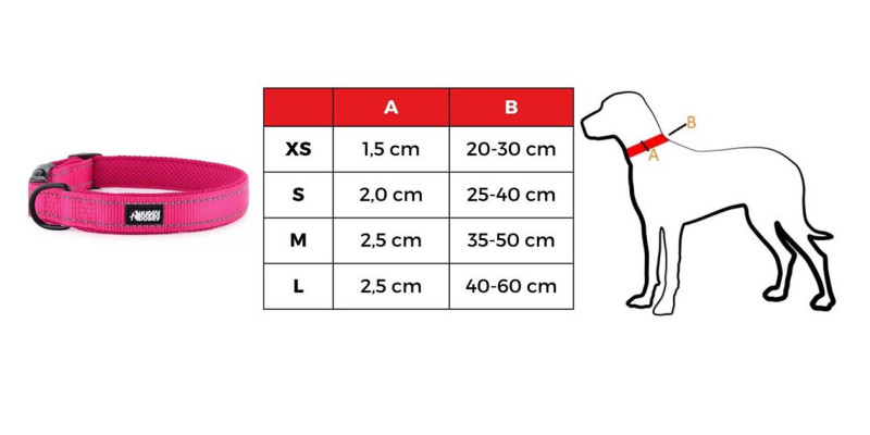Tabela rozmiarów dla różowej obroży dla psów Walky od HUGGY DOGGY, przedstawiająca wymiary dla rozmiarów XS, S, M, L