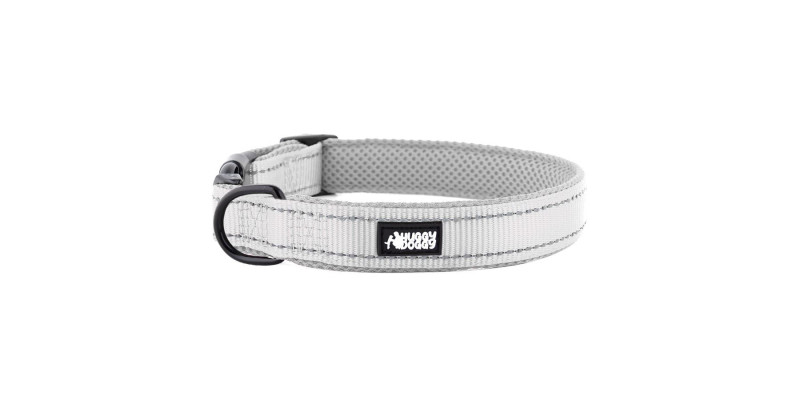 Szara obroża Walky od HUGGY DOGGY, zapewniająca bezpieczeństwo dzięki elementom odblaskowym dla psów