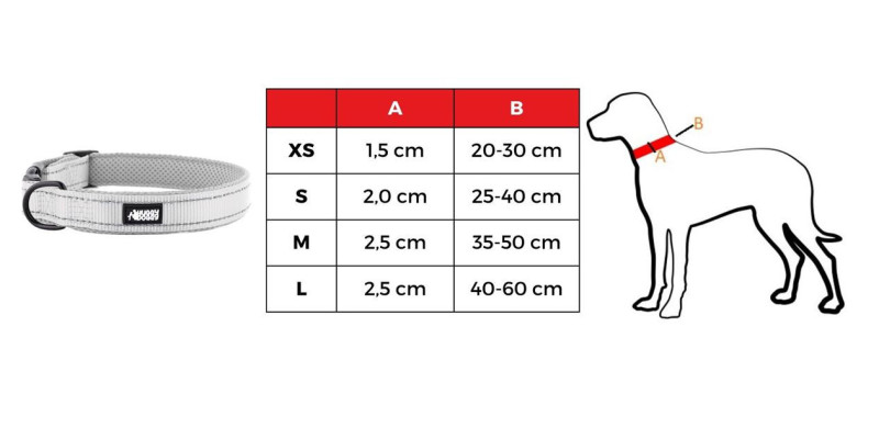 Tabela rozmiarów dla szarej obroży dla psa Walky HUGGY DOGGY, pokazująca opcje dla rozmiarów XS, S, M, L