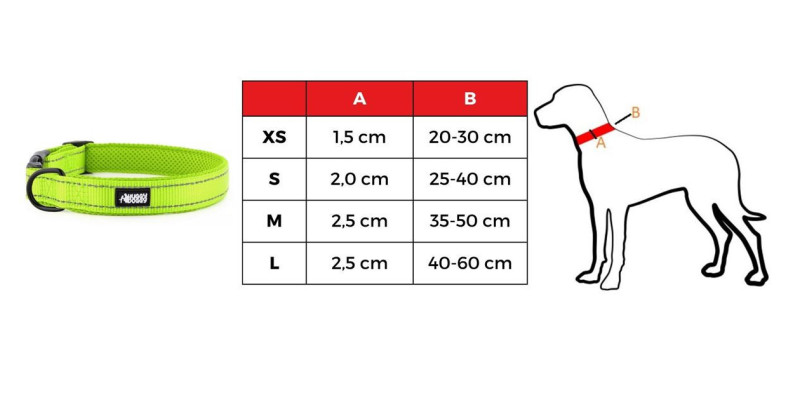 tabela rozmiarów dla zielonej obroży dla psów Walky HUGGY DOGGY, przedstawiająca wymiary dla rozmiarów XS, S, M, L
