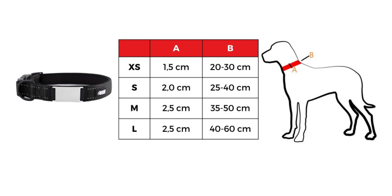 Tabela rozmiarów obroży z imieniem HUGGY DOGGY Daily, przedstawiająca opcje XS, S, M, L dla różnych ras