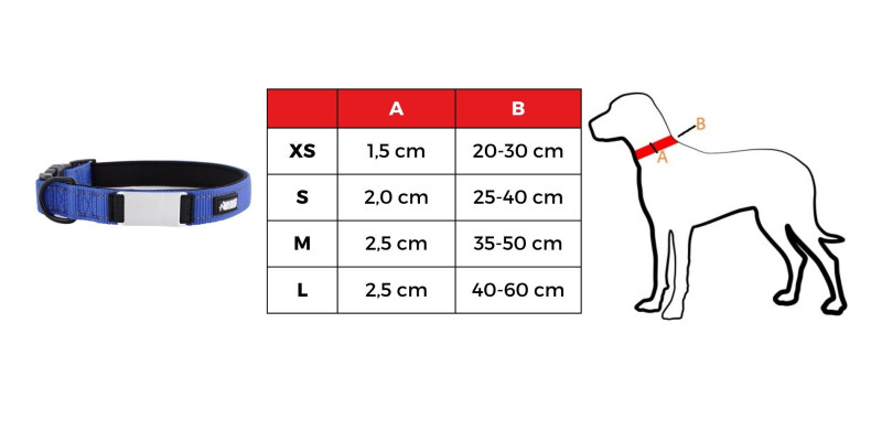tabela rozmiarów dla granatowej obroży z imieniem psa dostępna w czterech rozmiarach XS S M L dla małych i dużych ras psów