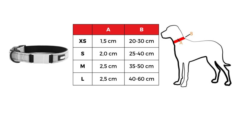 tabela rozmiarów obroży z imieniem psa i numerem telefonu dostępne rozmiary XS S M L