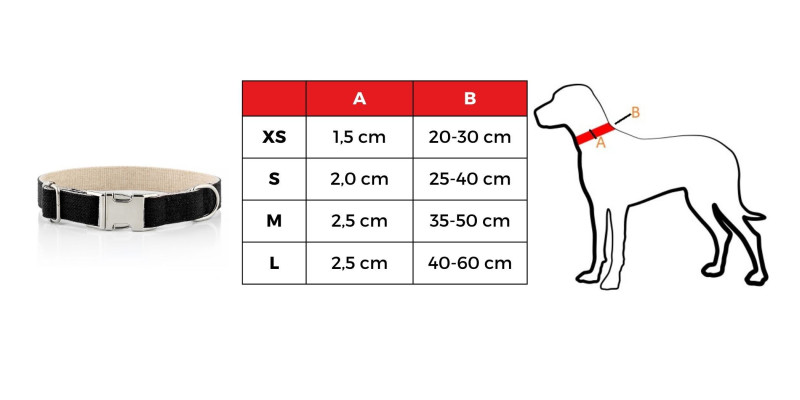 Tabela rozmiarów czarnej obroży Eko HUGGY DOGGY, prezentująca dostępne rozmiary od XS do L