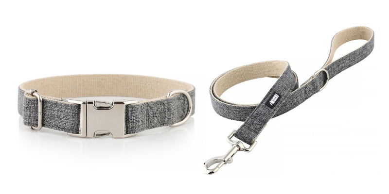 Komplet akcesoriów HUGGY DOGGY w kolorze szarym, w tym obroża i smycz, doskonały dla miłośników minimalistycznego stylu