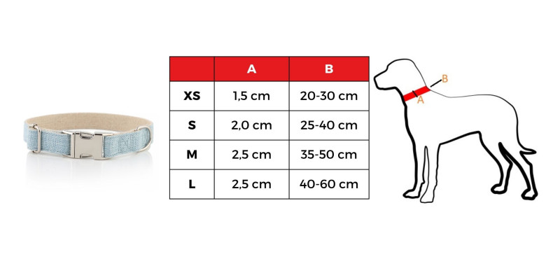 Tabela rozmiarów dla niebieskiej obroży Eko od HUGGY DOGGY, pokazująca opcje XS, S, M, L