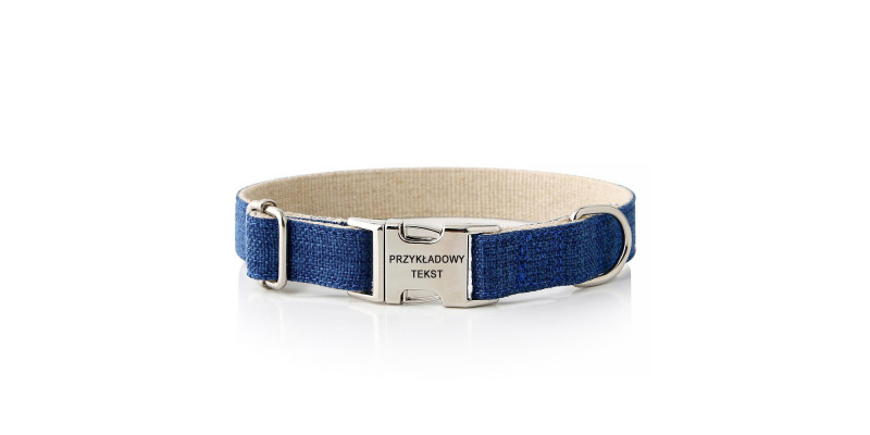 Granatowa obroża Eko HUGGY DOGGY z anodowaną aluminiową klamrą i wygrawerowanymi danymi kontaktowymi