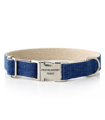 Granatowa obroża Eko HUGGY DOGGY z anodowaną aluminiową klamrą i wygrawerowanymi danymi kontaktowymi