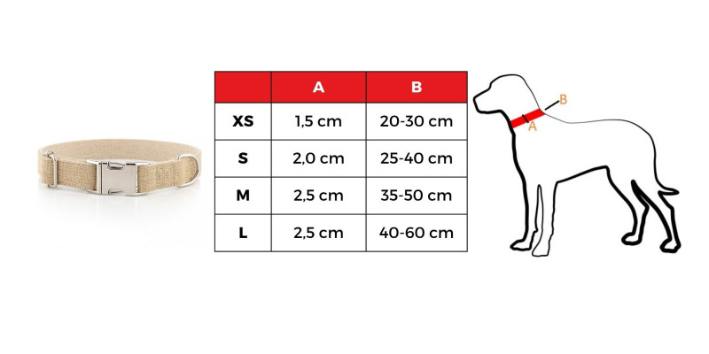 Tabela rozmiarów khaki obroży HUGGY DOGGY Eko, dostępne opcje od XS do L dla idealnego dopasowania