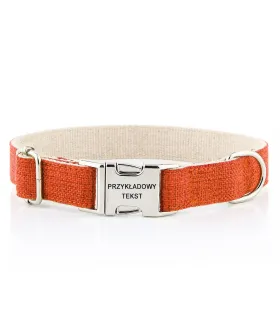 Pomarańczowa obroża Eko HUGGY DOGGY z solidną aluminiową klamrą i grawerowanymi danymi kontaktowymi