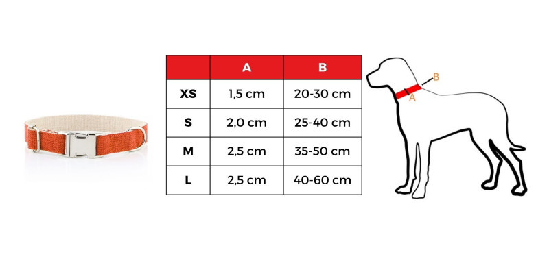 Tabela rozmiarów pomarańczowej obroży HUGGY DOGGY Eko, dostępne opcje od XS do L dla idealnego dopasowania