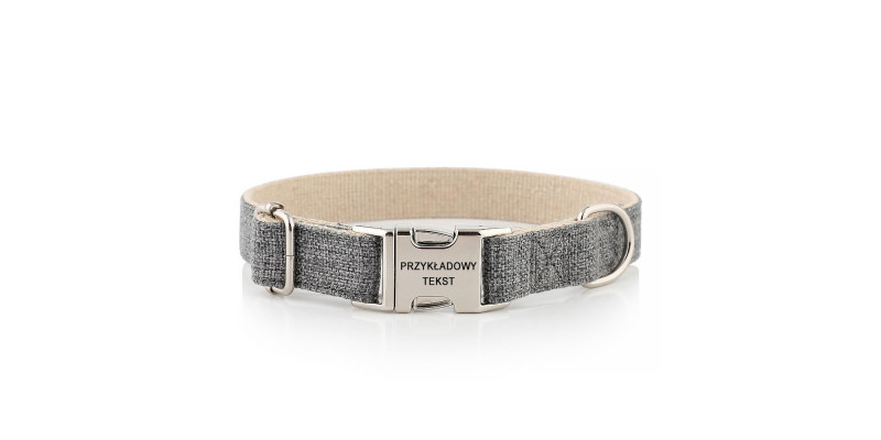 Szara obroża HUGGY DOGGY Eko z wygrawerowanym numerem telefonu na solidnej aluminiowej klamrze