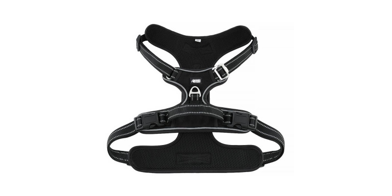 Czarne szelki Walky Guard od HUGGY DOGGY, zapewniające komfort i styl podczas spacerów z dodatkową funkcją easy walk