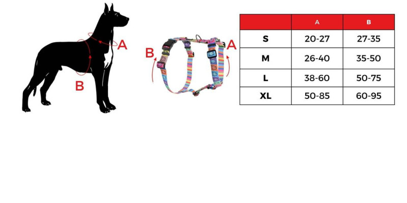 tabela rozmiarów szelek dla psów HUGGY DOGGY Lucky beetle car rozmiary S M L XL