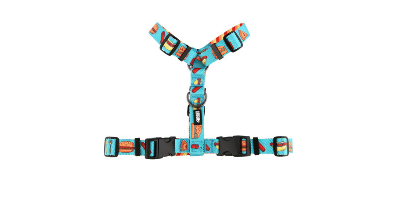 Kolorowe szelki HUGGY DOGGY z motywem hamburgerów i frytek