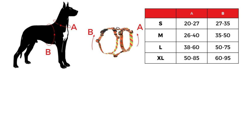 tabela rozmiarów szelek dla psów designerskich od HUGGY DOGGY model Lucky wzór Tacos dostępne rozmiary S M L XL