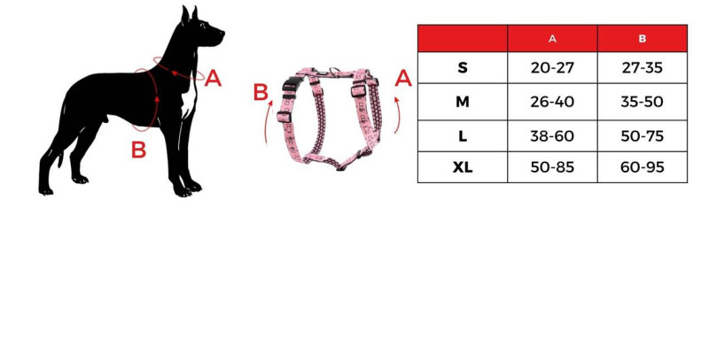 tabela rozmiarów designerski szelek dla psów od HUGGY DOGGY model Lucky wzór Thumbs dostępne rozmiary S M L XL