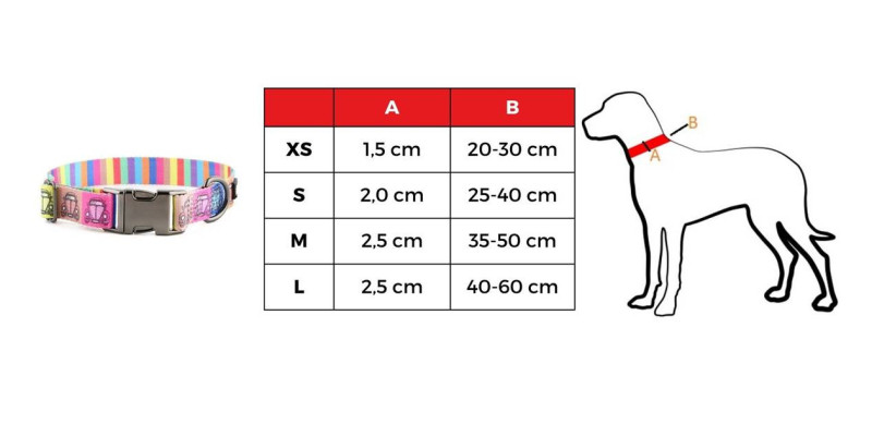 Tabela rozmiarów dla obroży HUGGY DOGGY Lucky Beetle Car, dostępne rozmiary od XS do L